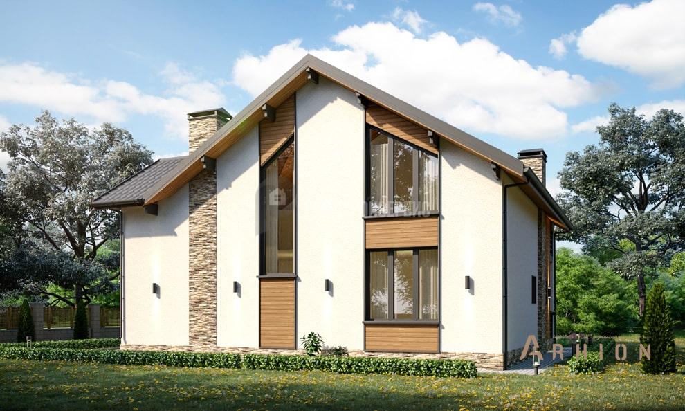 2. Проект одноэтажного дома в стиле шале с двускатной кровлей, t-38-01, площадью - 176 кв c мансардой, терассой, балконом